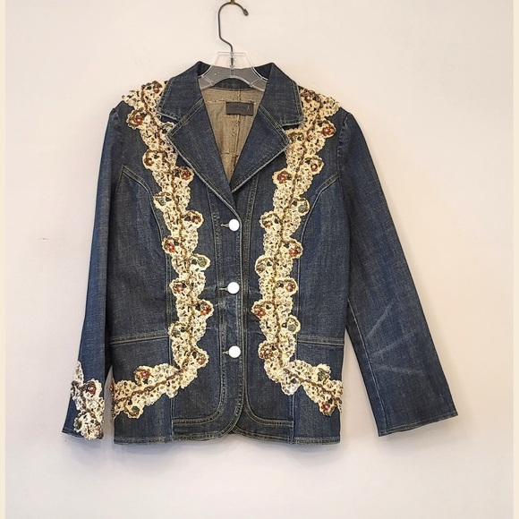Vintage boho  denim embroidered denim jacket from Florence Italy size L - Picture 1 of 5